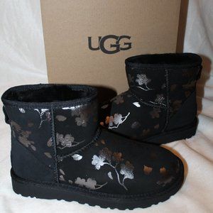 NIB UGG WOMEN'S FLORAL METALLIC‎ MINI SUEDE SHEARLING LINED BOOTS BLACK SILVER
